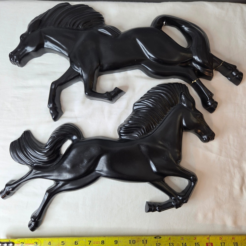 Vtg MCM Black Galloping Horse Wall Art Set Pair Mid Century Modern Ceramic READ*